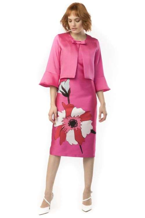 Camelot Pink Bow Shoulder Dress with Floral Skirt and matching Bell Sleeve Bolero Jacket