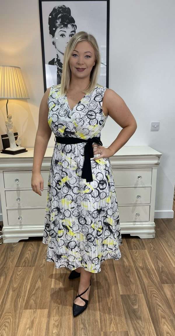 Ella Boo Sleeveless Print Dress with Tie Waist Belt and Full Skirt