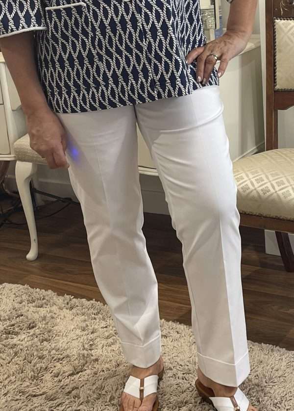 Camelot White Stretch Trousers with Turn Up Hem